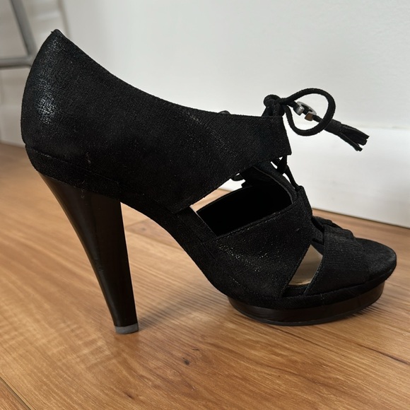 Coach Teagan black sparkly suede platform peep-toe with tassel tie 6.5 - Picture 6 of 9